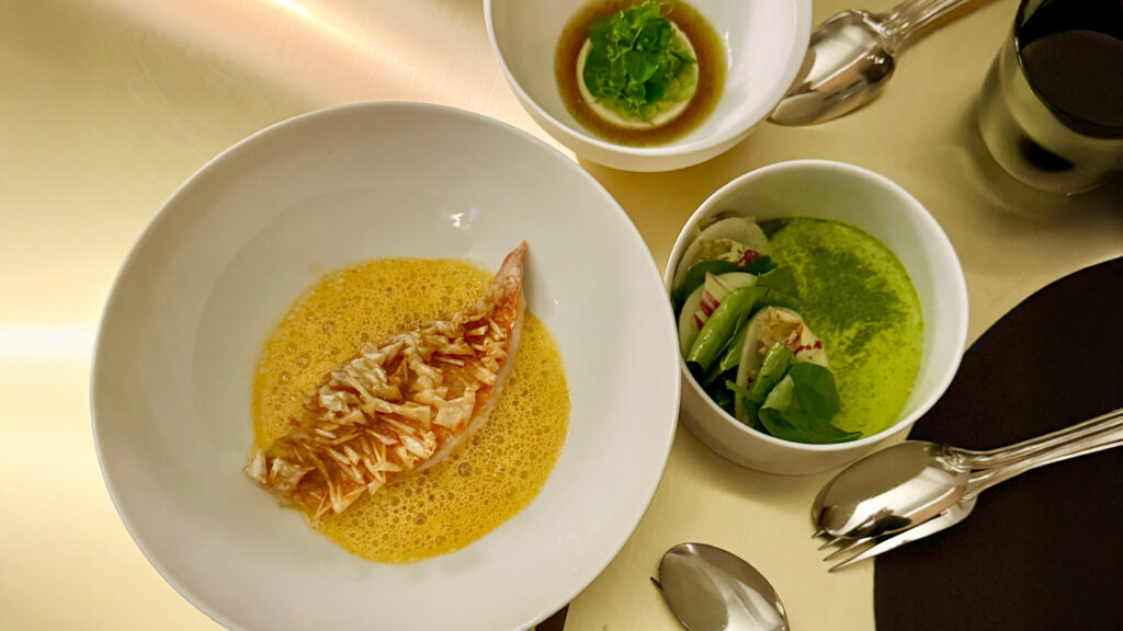 Gourmetgericht mit Fischfilet in Schaumsoße, grünem Salat und einer klaren Gemüsebouillon mit Kräutern