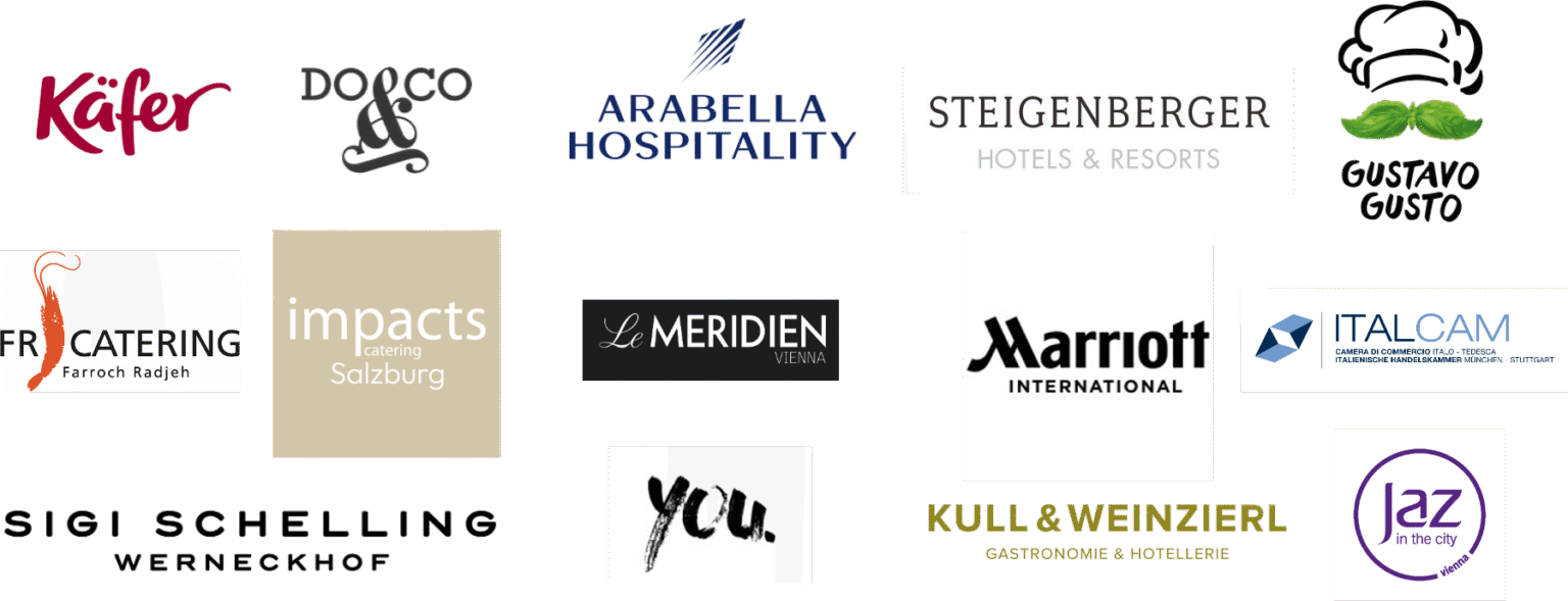 Logos von Kunden wie Käfer, DO & CO, Steigenberger, Marriott, Le Méridien, Kull & Weinzierl, Jaz in the City, u. a.